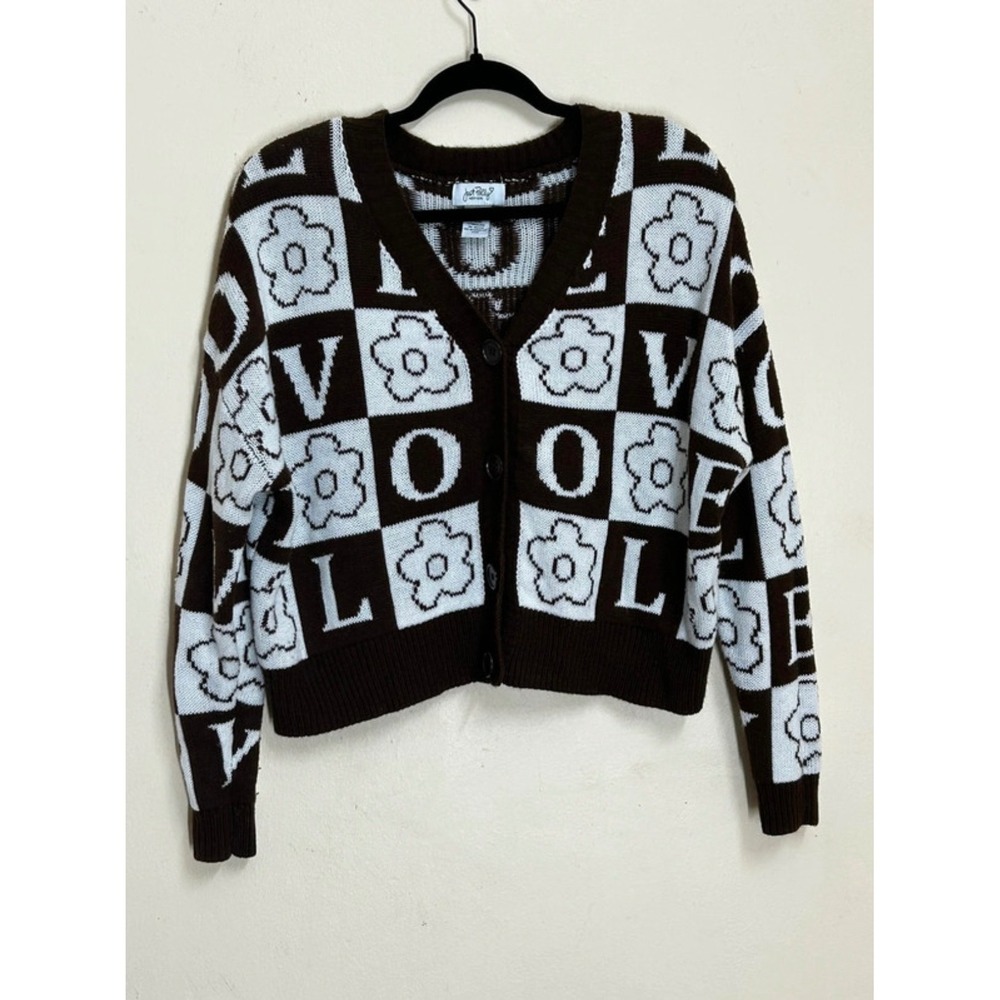 Just Polly Cardigan Women Brown LOVE Flower Checkerboard Knit JT11032LOVE V-Neck